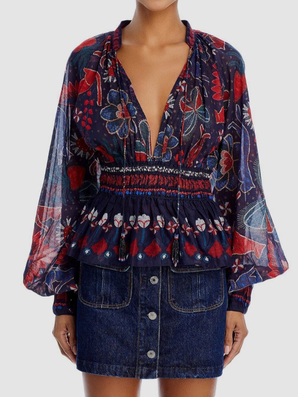 Farm Rio Women's Blue Self-Tie Plunge Neck Tropical Shine Blouse Top Size XXS